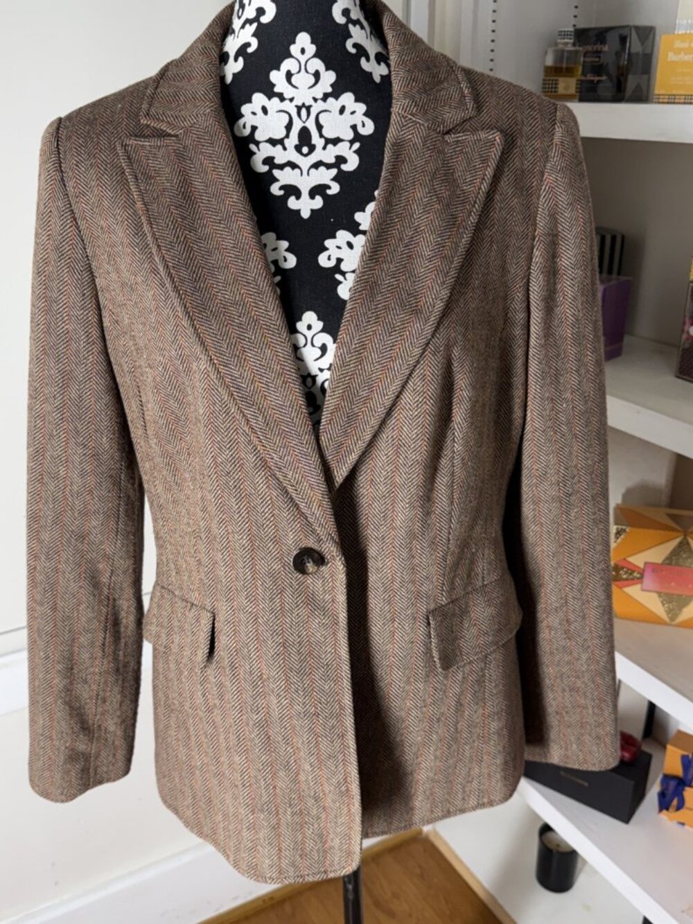 Chadwicks Womens Sz 14 Single Button Blazer Wool Blend Brown Orange Herringbone